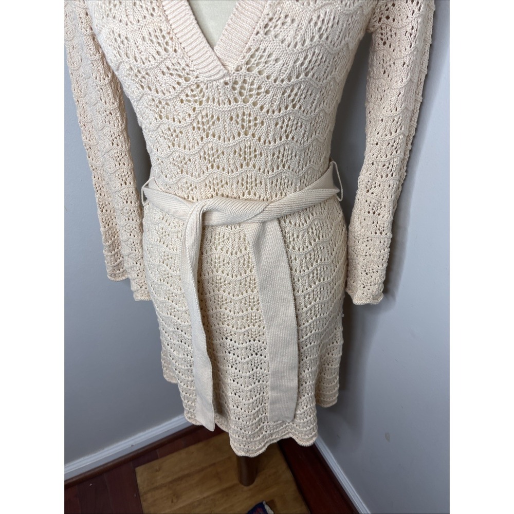 SPELL Road To Paradise Crochet Knit Mini Dress (Sz XS) Long Sleeve Belted Wheat - Picture 8 of 10